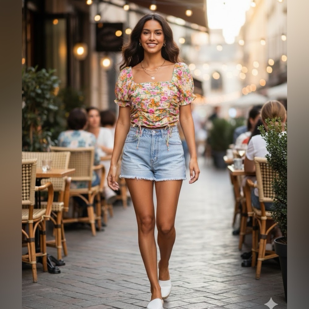 Derek Heart Pink and Yellow Puff Sleeve Crop Top